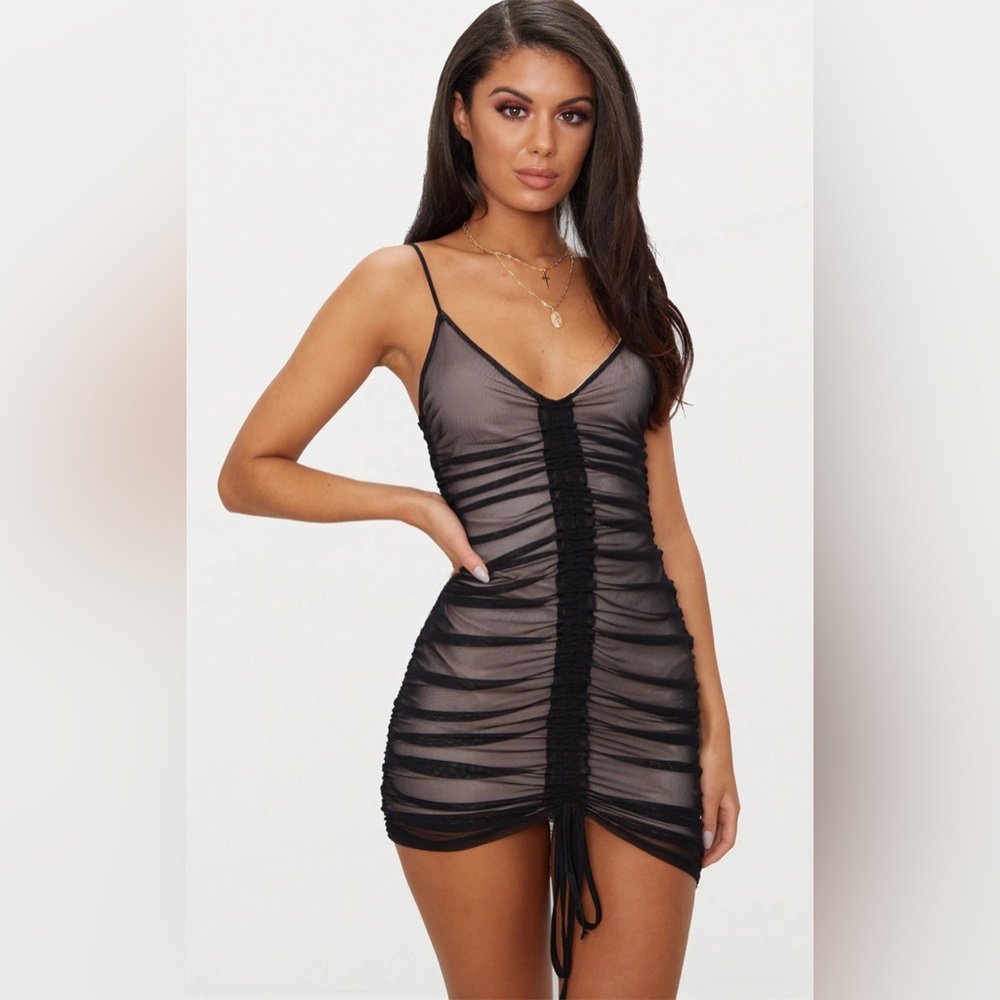 PLT Black Mesh Ruched Bodycon Dress